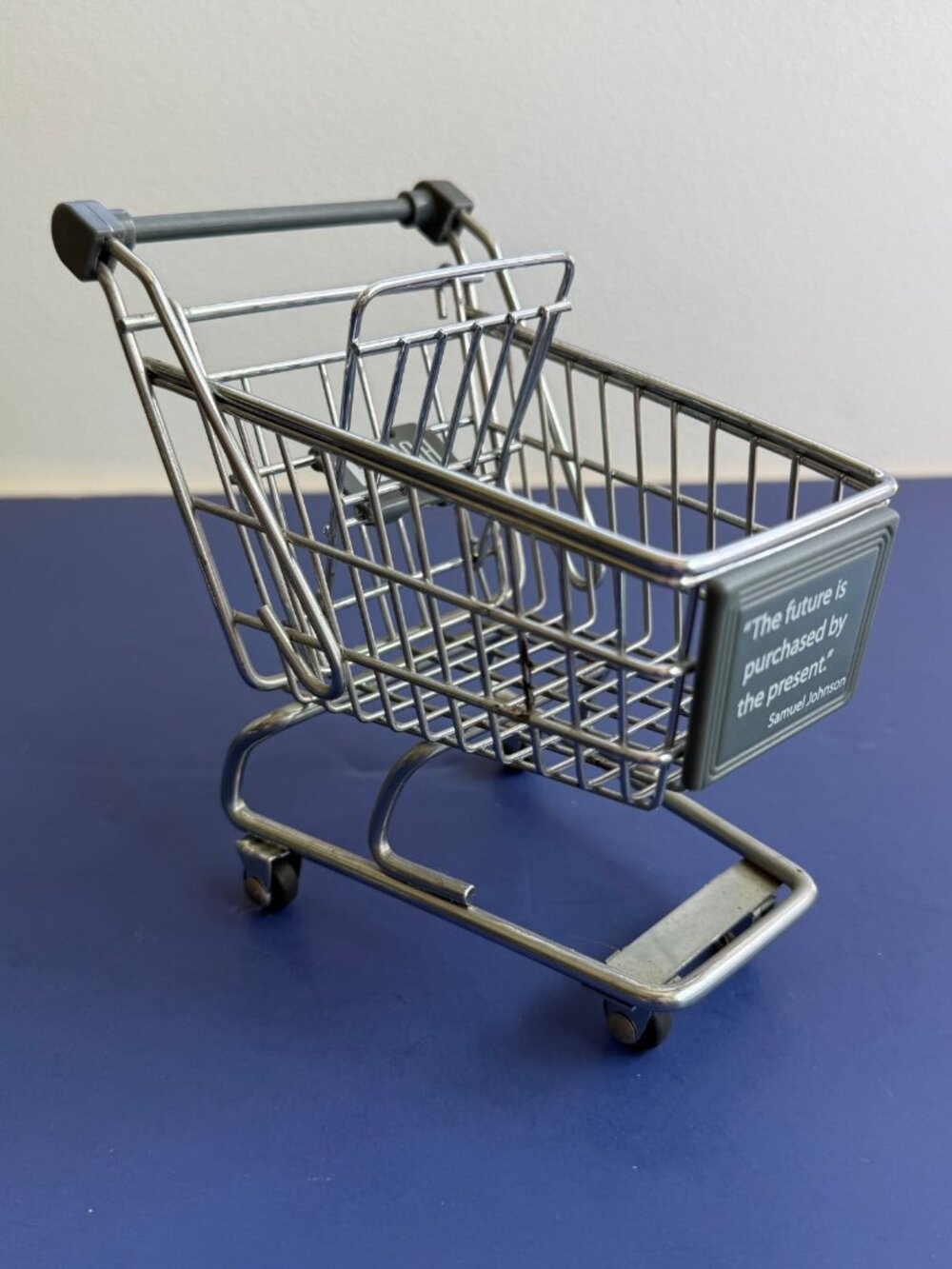 Miniature Chrome Wire Shopping Cart Desk Novelty Samuel Johnson Quote Used